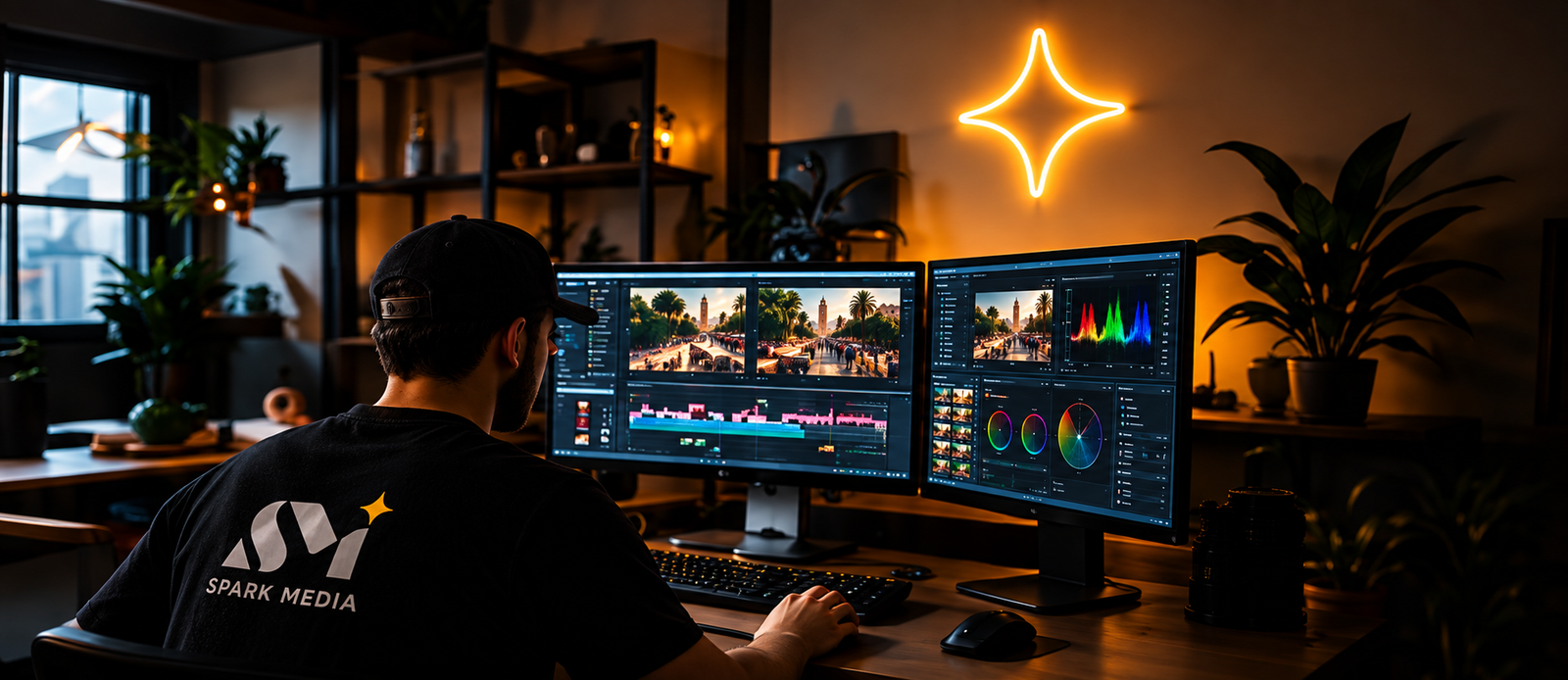 Spark Media creative editing content at a dual-monitor workstation